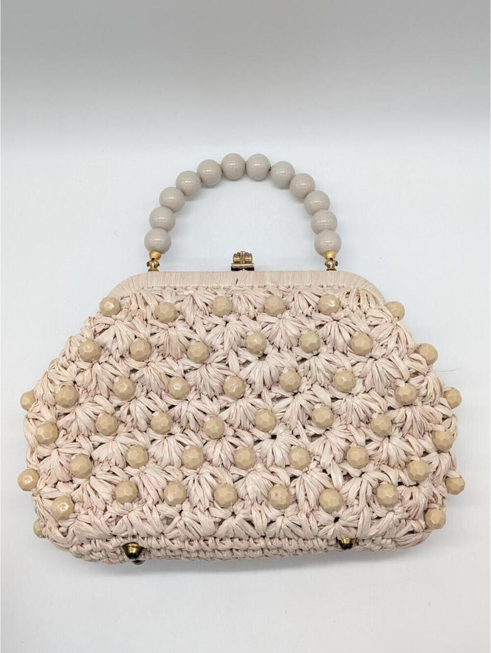 Vintage Walborg Cream Gold Beaded Plastic Raffia Style Small Handbag